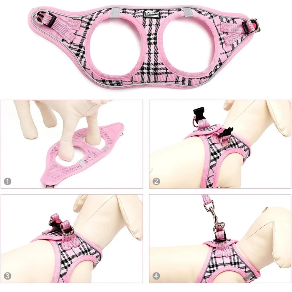 Pink Black White Plaid Step In Dog Harness Teacup Puppy Dog XS